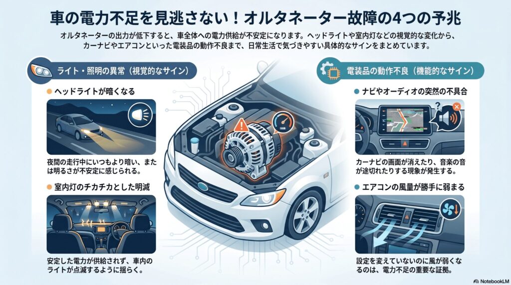 ヘッドライトが暗くなる光量不足と電装品の動作不良