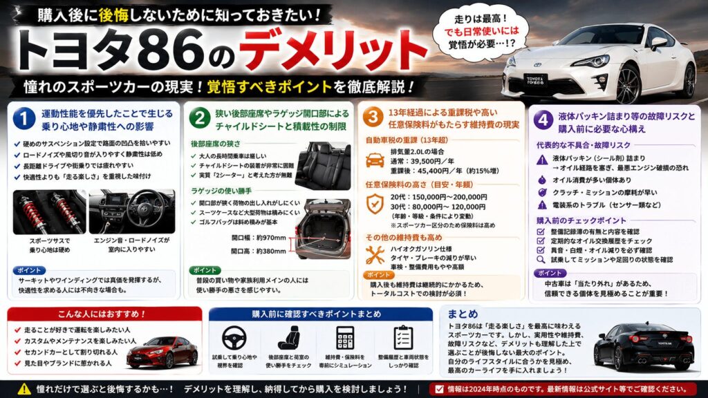 トヨタ86のデメリットを解説！後悔しない維持費と実用性の真実