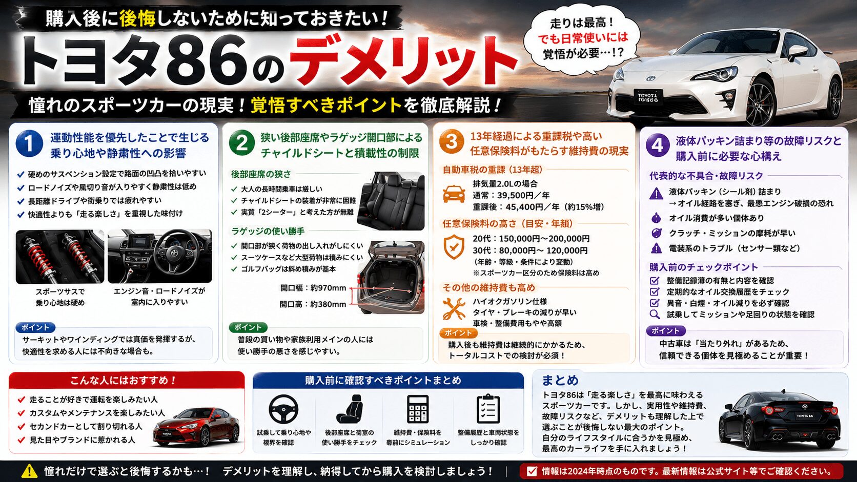 トヨタ86のデメリットを解説！後悔しない維持費と実用性の真実